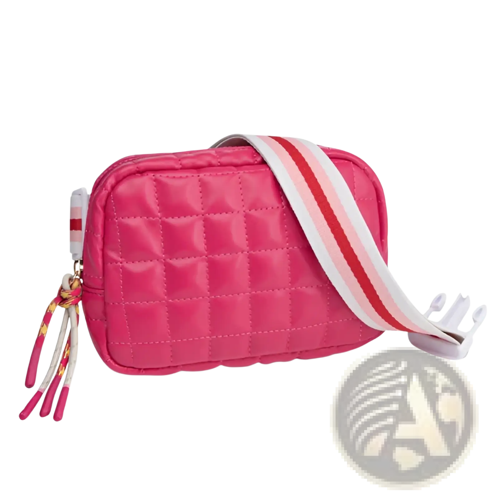A vibrant pink quilted puffer crossbody bag with a striped strap and decorative tassels