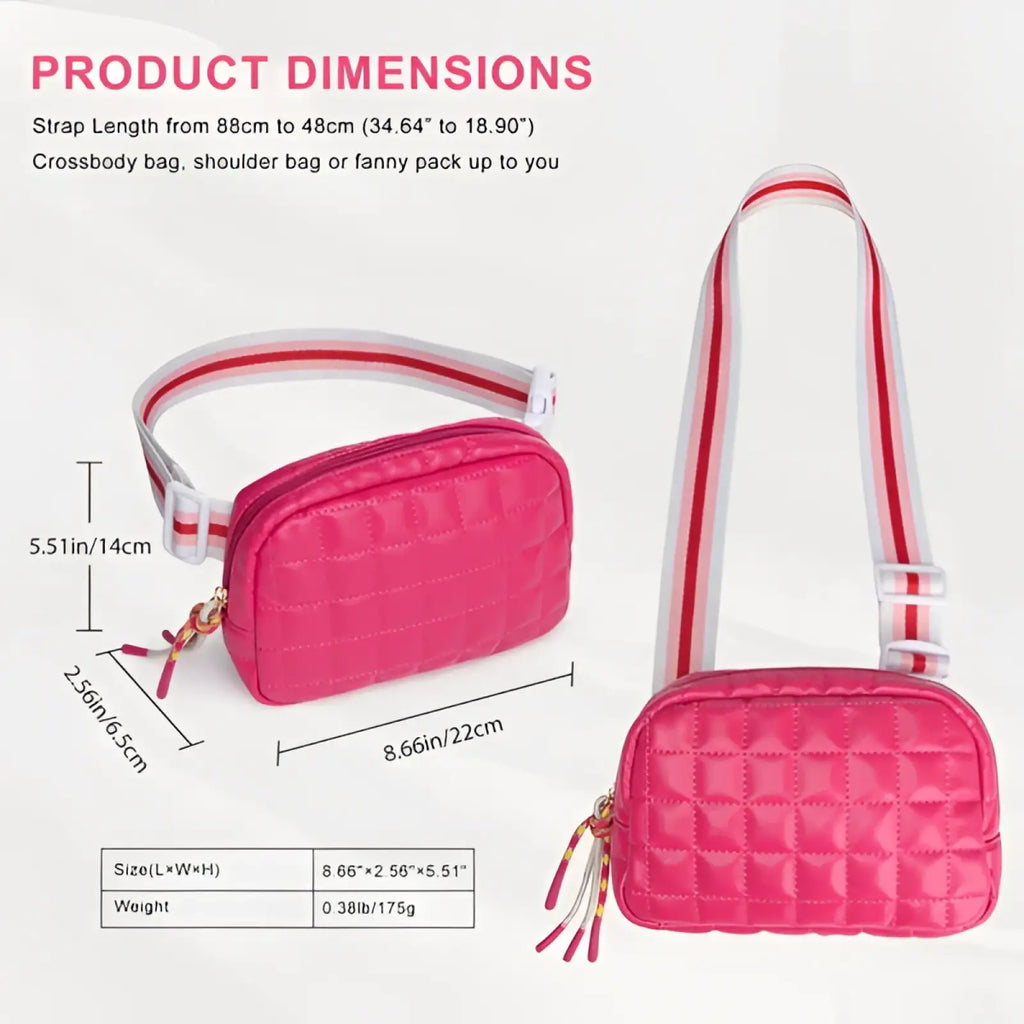 Quilted pink puffer crossbody bag with red and white striped strap made of soft padded material
