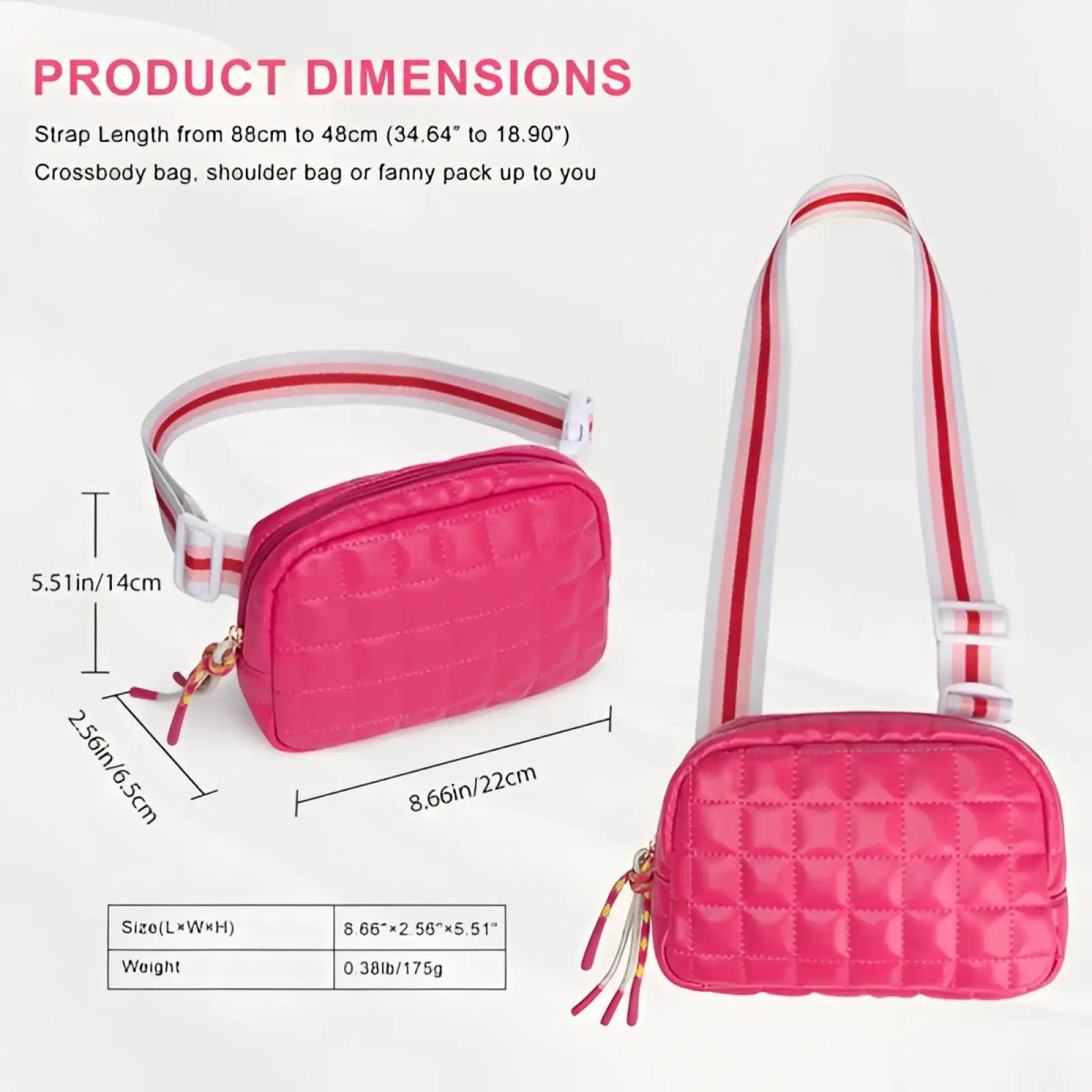 Quilted pink puffer crossbody bag with red and white striped strap made of soft padded material