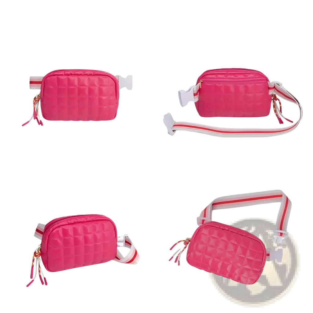 Quilted pink puffer belt bag with pink quilted design and white and red striped adjustable strap