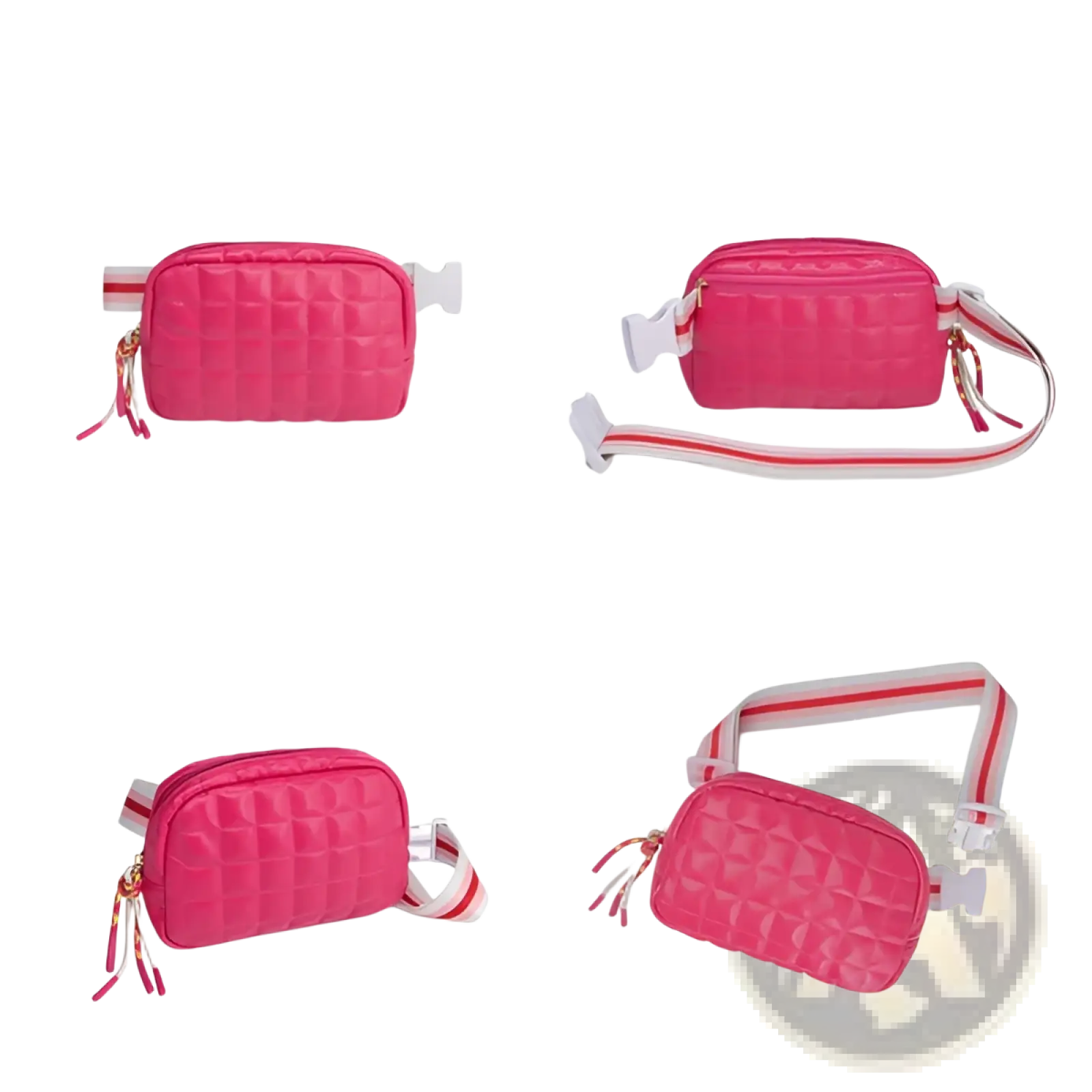 Quilted pink puffer belt bag with pink quilted design and white and red striped adjustable strap