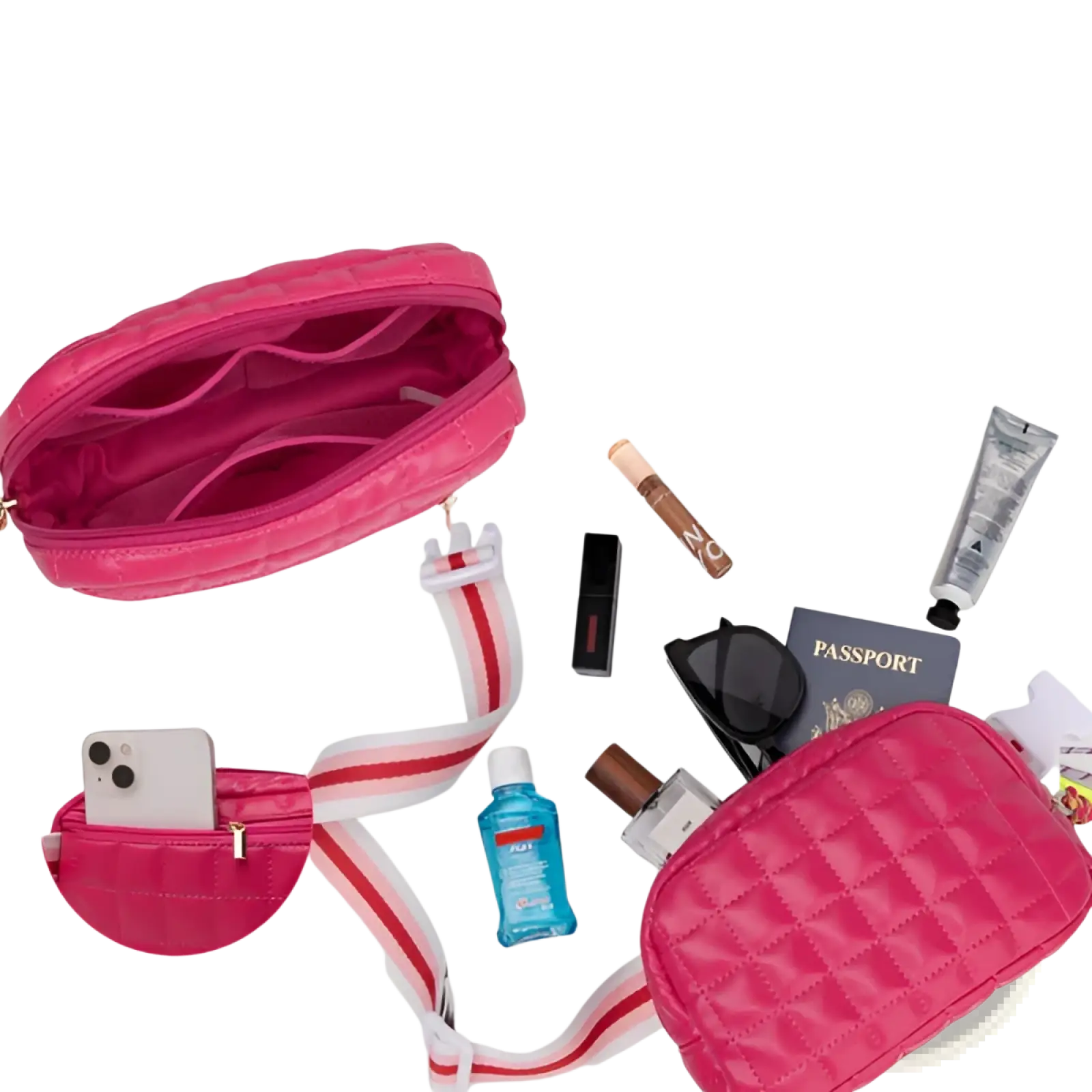 Quilted pink puffer belt bag with a red and white striped strap made of soft quilted material for hands-free use