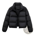 Black quilted puffer coat with high collar designed as a warm winter jacket for cold weather use