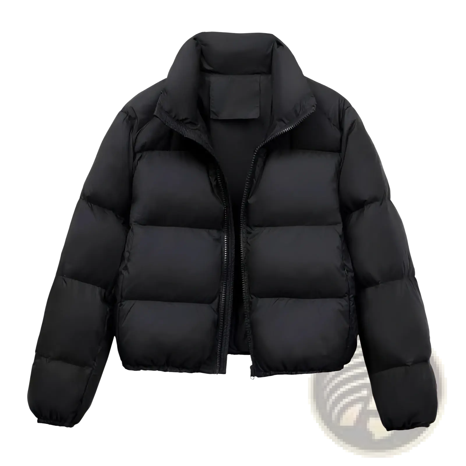 Black quilted puffer coat with high collar designed as a warm winter jacket for cold weather use