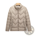 Beige quilted puffer jacket for women with high collar and front zipper ideal for winter coat use