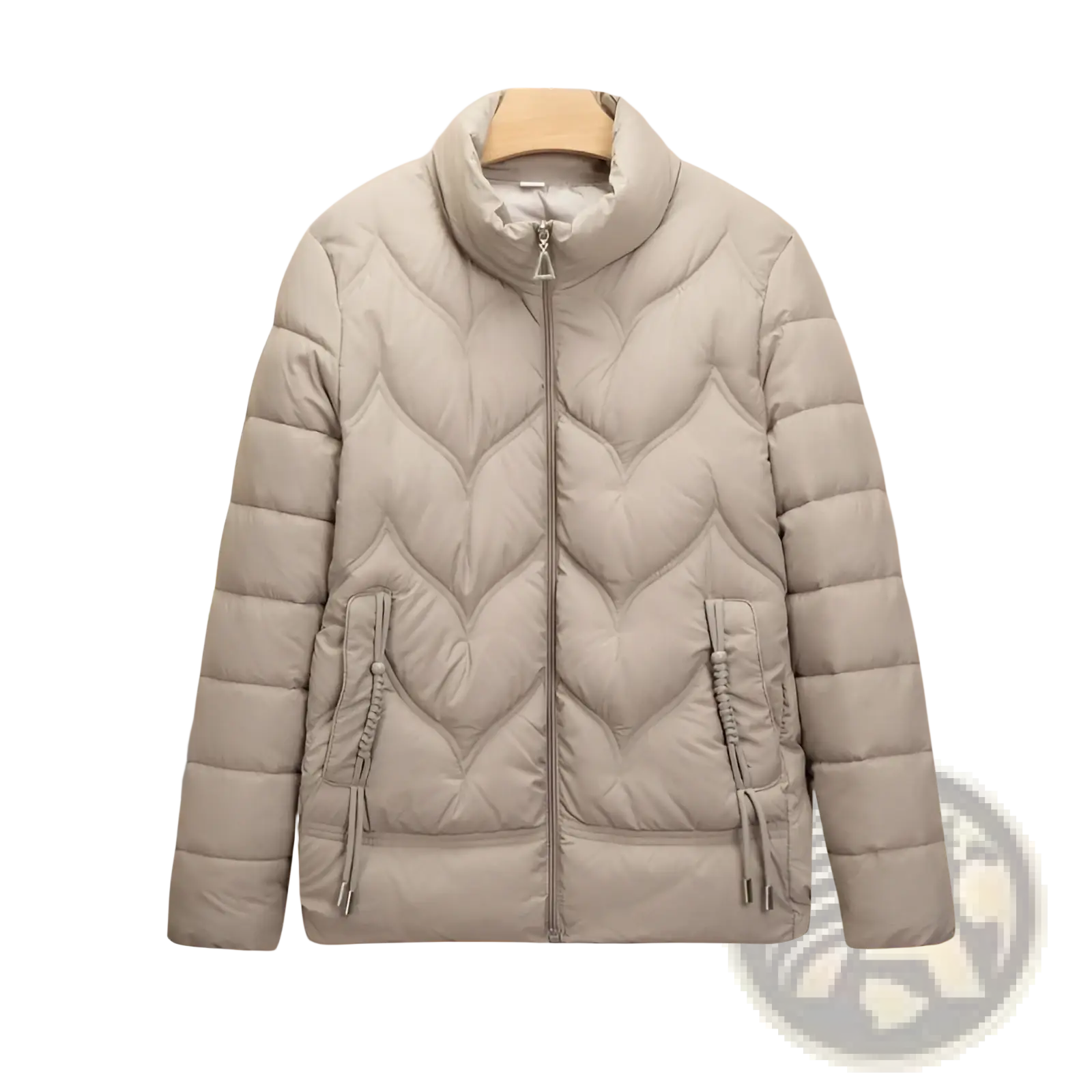 Beige quilted puffer jacket for women with high collar and front zipper ideal for winter coat use