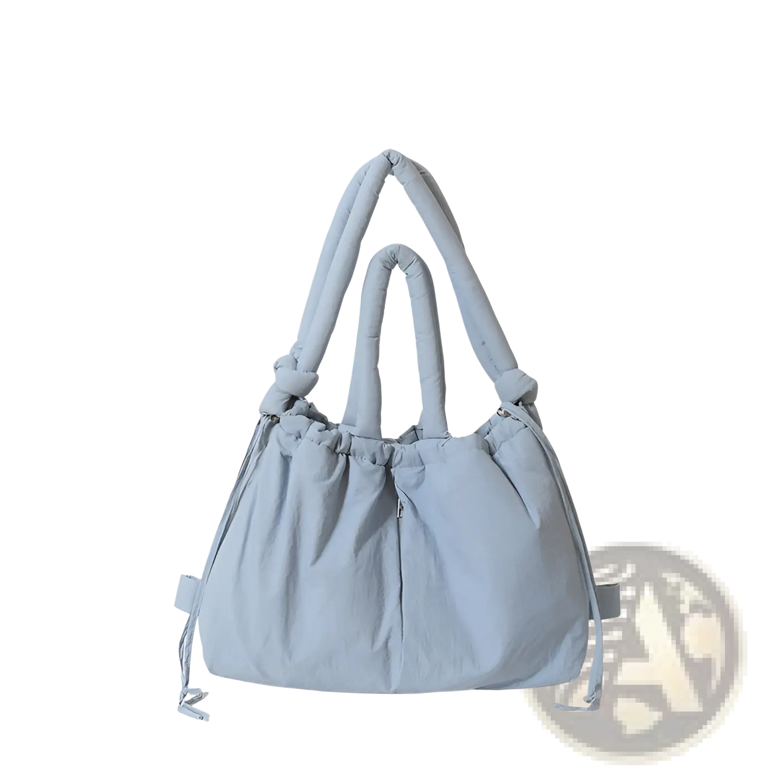 Light blue quilted puffer tote bag with padded handles and drawstring closure made of lightweight nylon