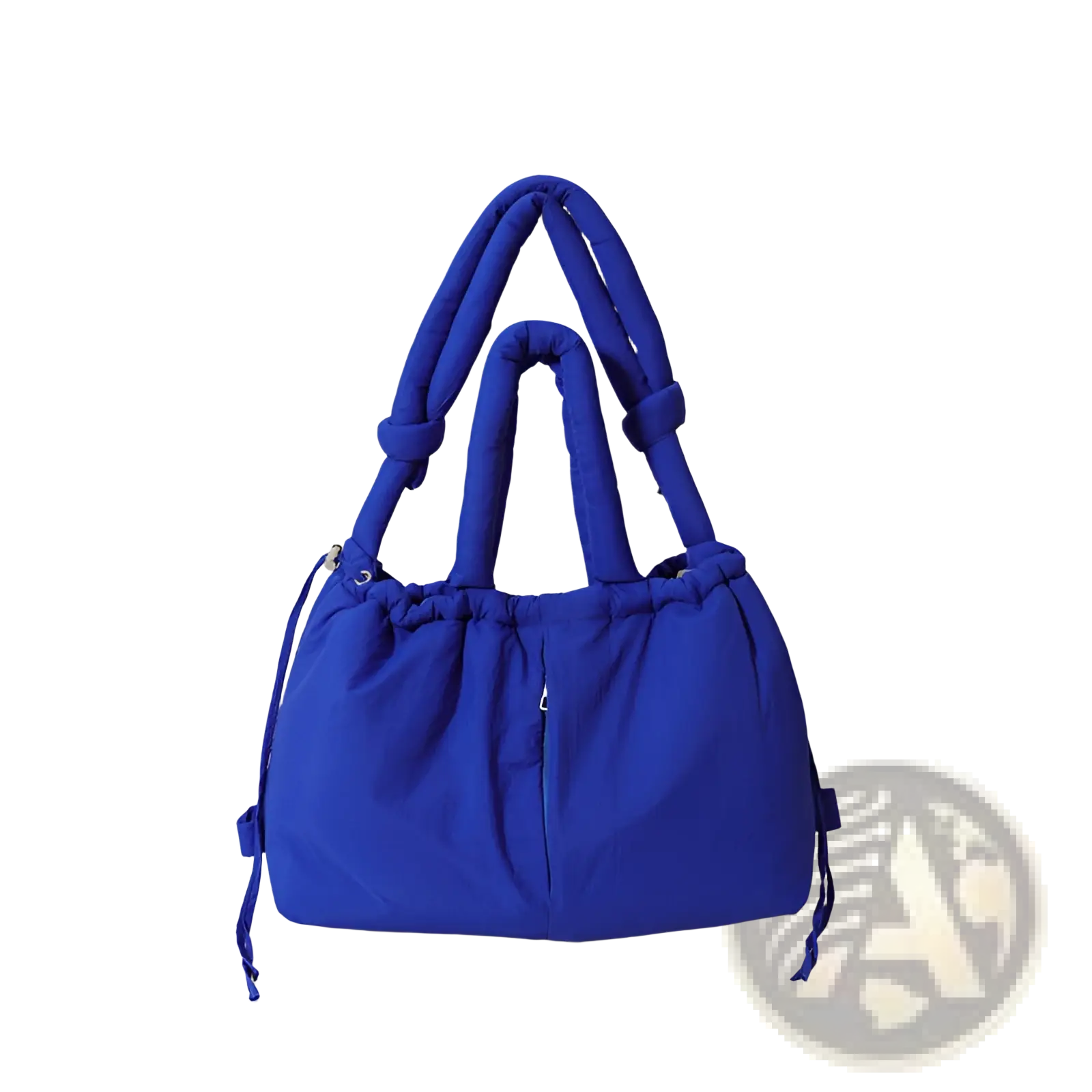 Vibrant royal blue quilted puffer tote bag with thick quilted handles and drawstring closure made of lightweight nylon