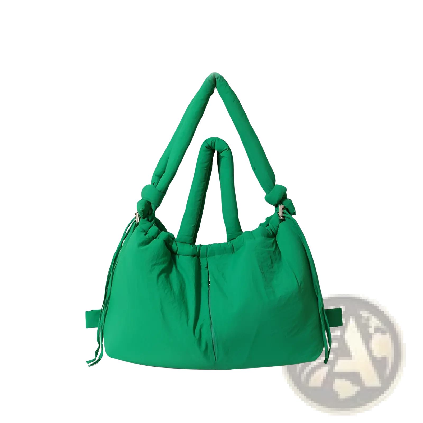 Vibrant green quilted puffer tote bag with padded handles and drawstring closure made of lightweight nylon