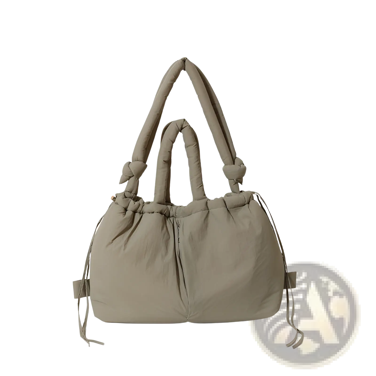 A soft olive-green quilted puffer tote bag made of lightweight nylon with knotted handles and drawstring closure