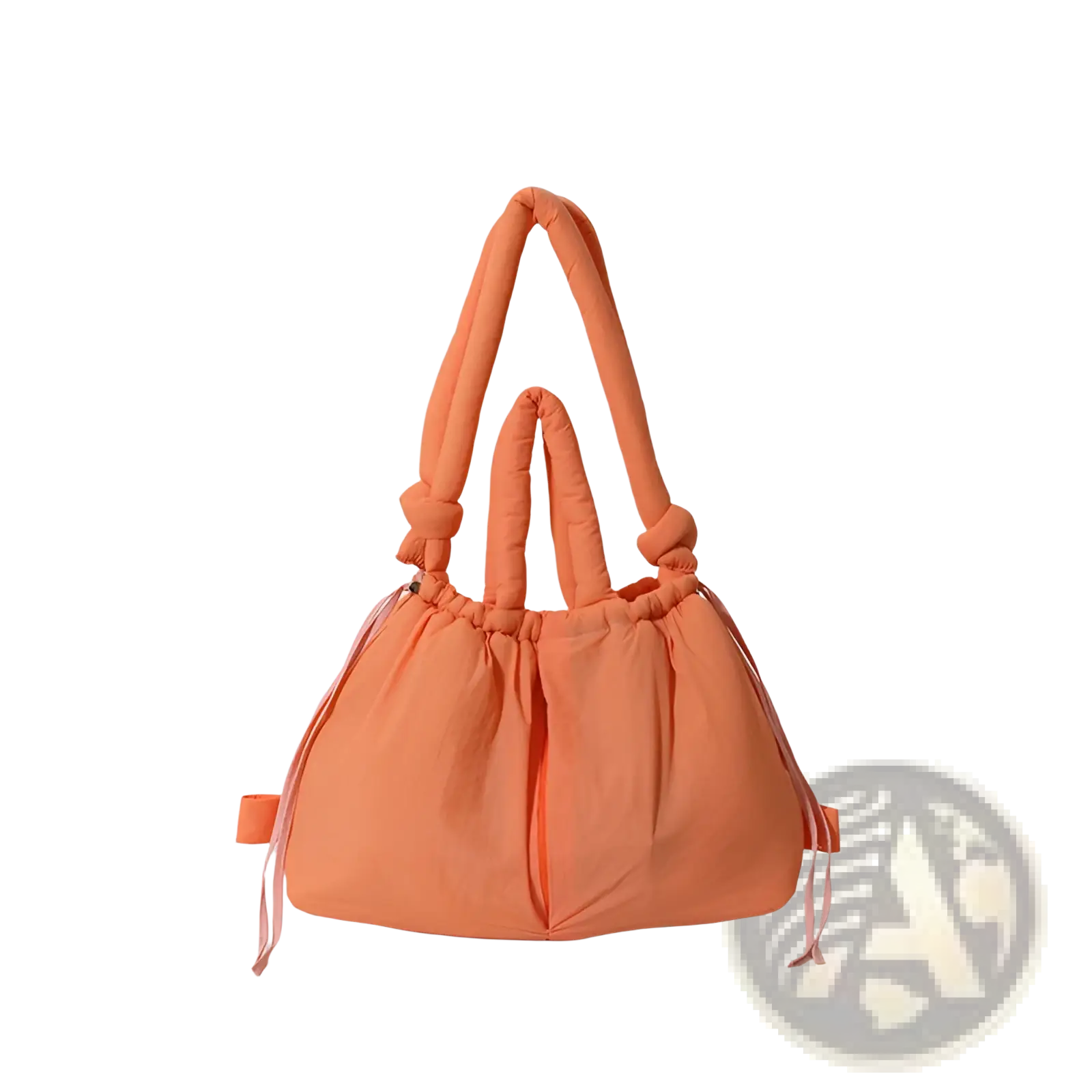 A soft peach orange quilted puffer tote bag with padded knotted handles and nylon drawstring ties at the sides