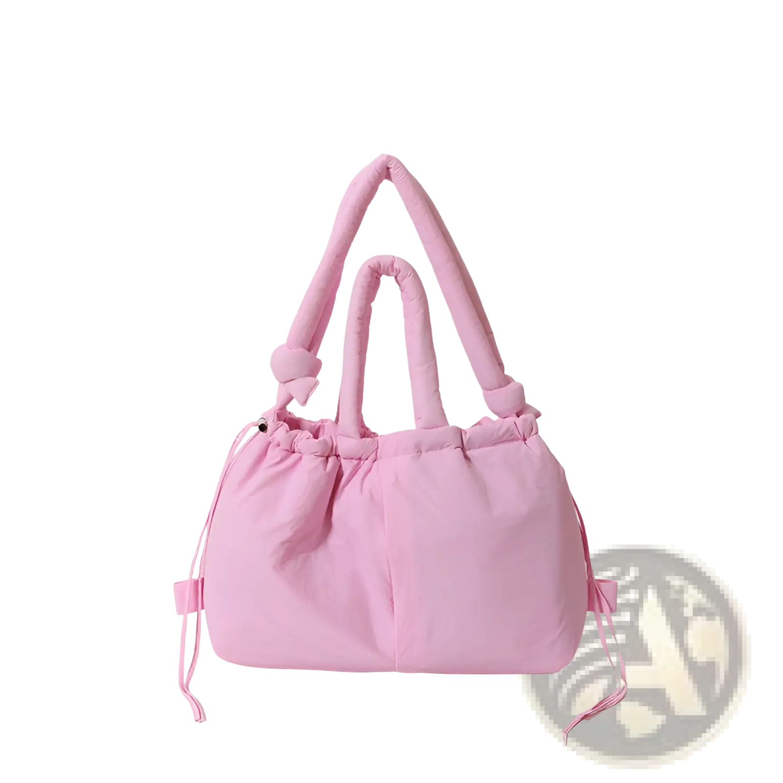 A soft pink quilted puffer tote bag with padded handles and drawstring ties made of lightweight nylon