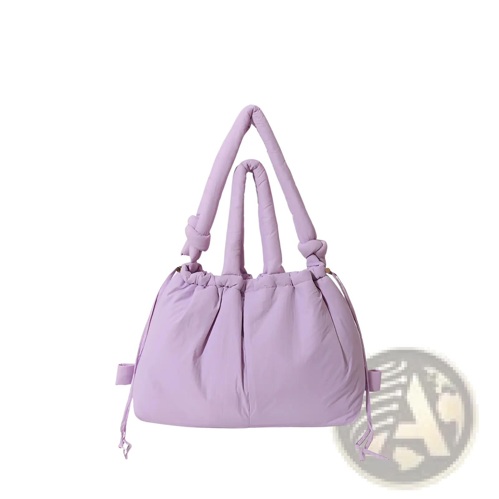 A soft lavender quilted puffer tote bag made of lightweight nylon with padded knotted handles and drawstring ties