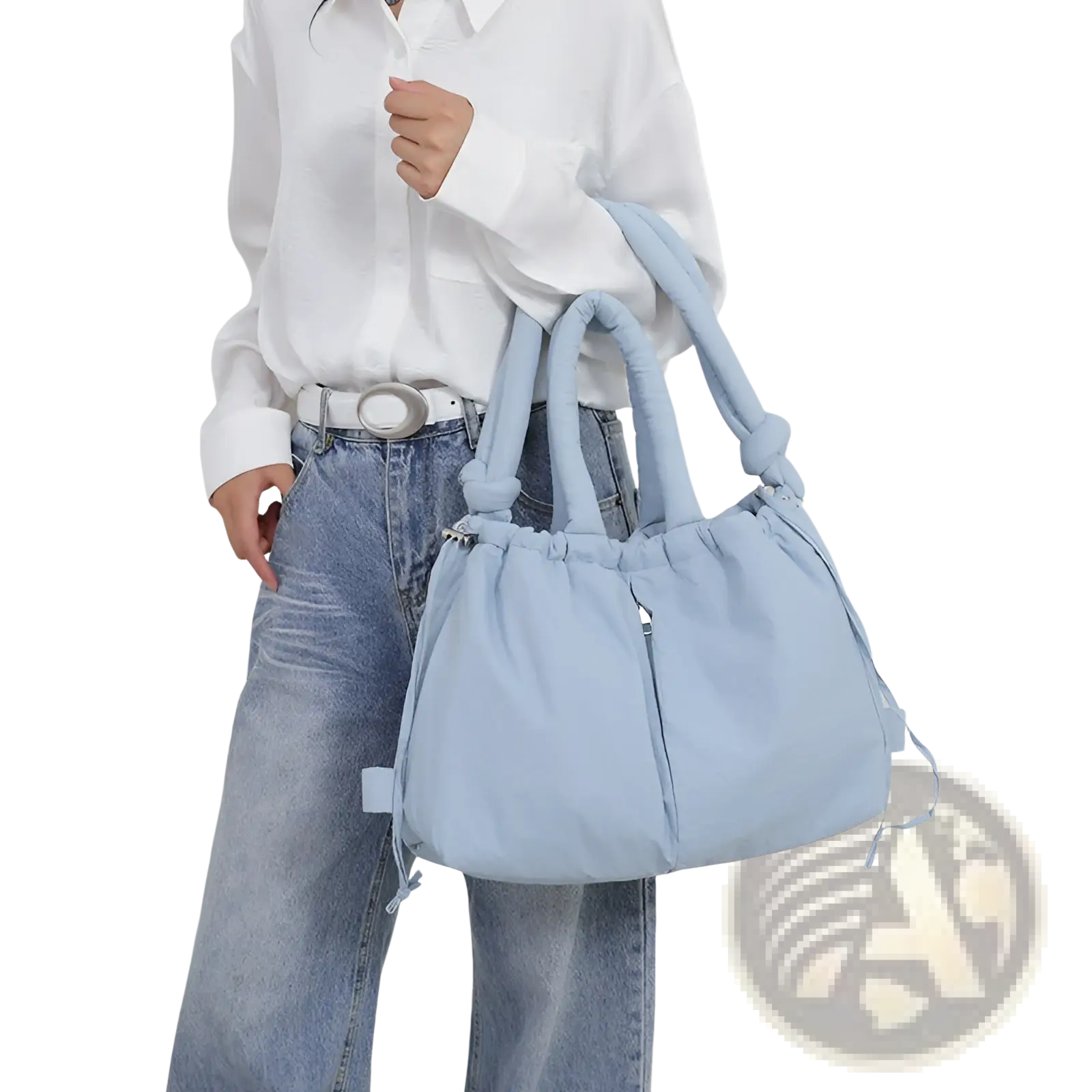 Light blue quilted puffer tote bag with knotted handles and drawstring closure made of lightweight nylon
