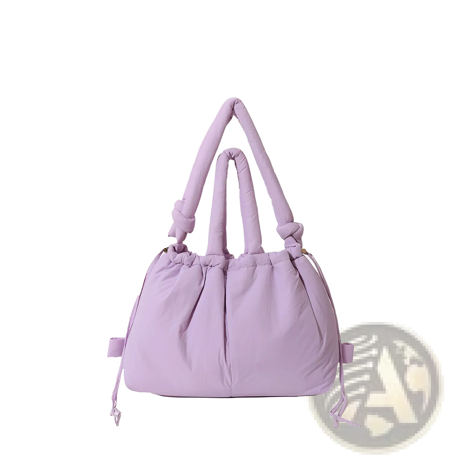 A soft lavender quilted puffer tote bag with knotted handles and drawstring side straps in lightweight nylon
