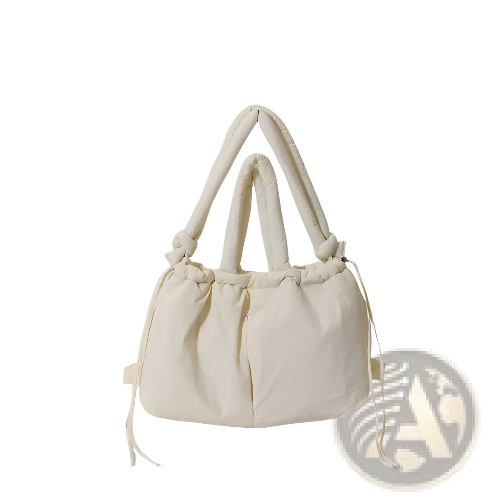 Cream-colored quilted puffer tote bag with thick knotted fabric handles and drawstring ties lightweight nylon shoulder bag