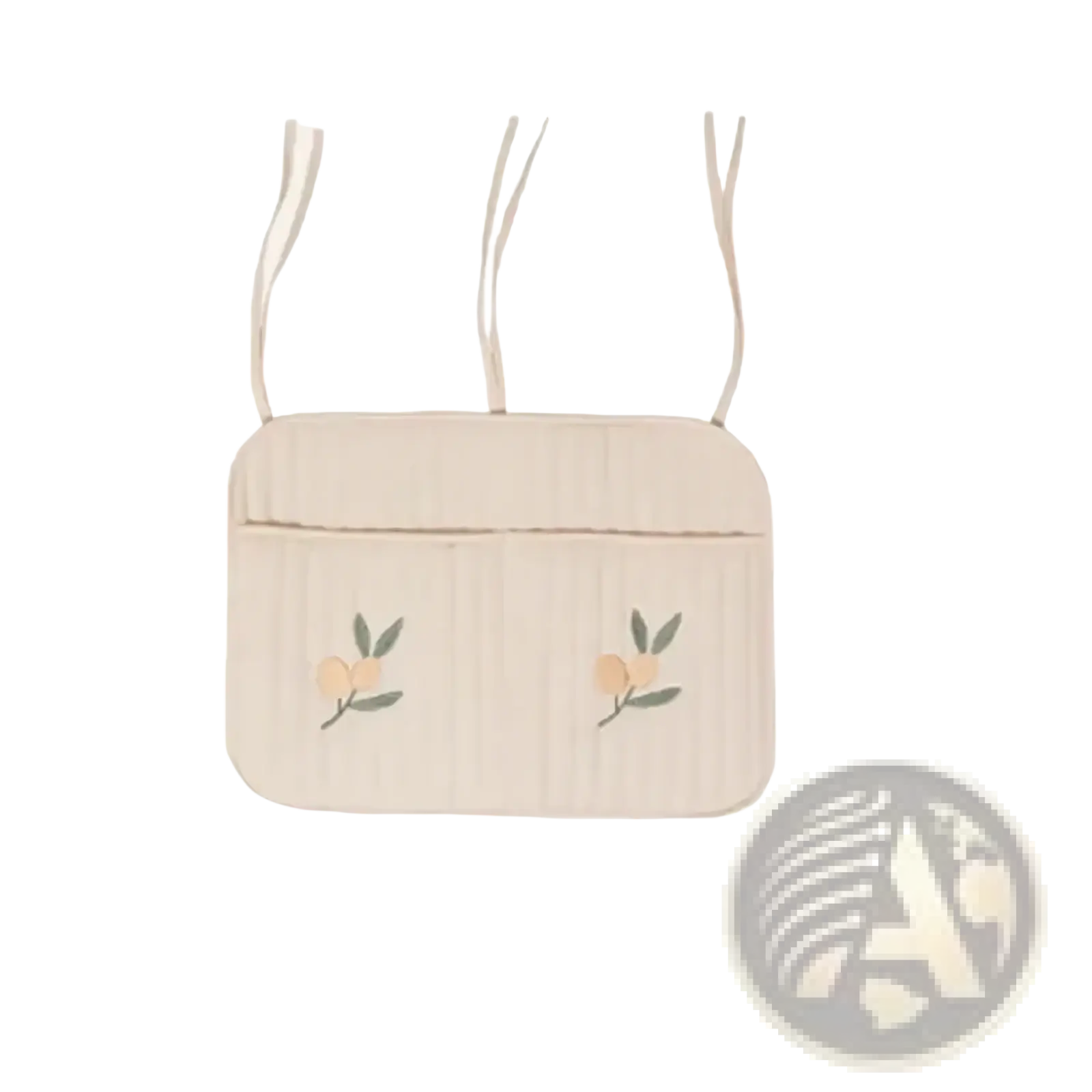 Beige quilted stroller organizer bag with embroidered peach motifs and matching fabric straps in crossbody style
