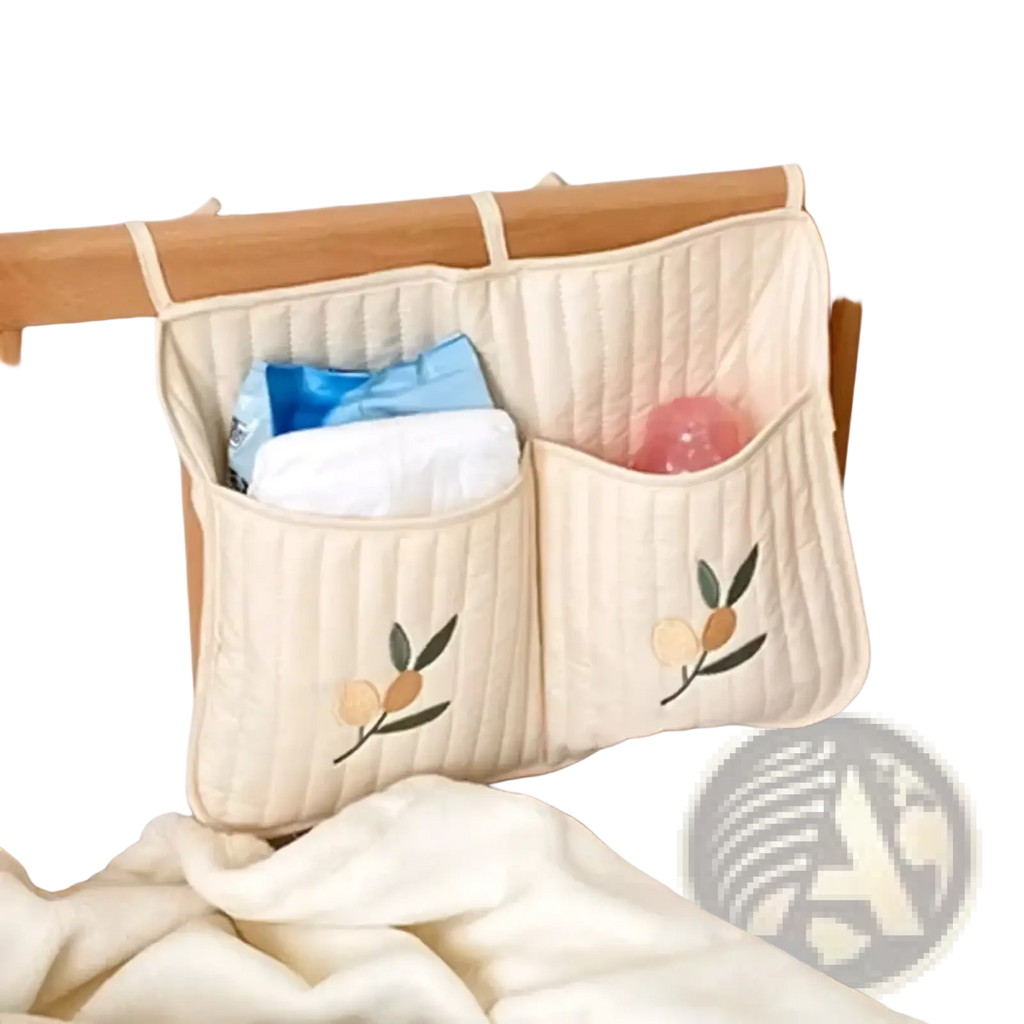 Cream-colored quilted stroller organizer bag with bear and embroidered fruit motifs hanging on wooden crib rail