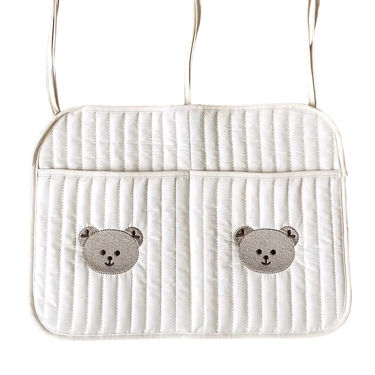 White quilted stroller organizer bag made of quilted material with two embroidered gray bear faces on the front side