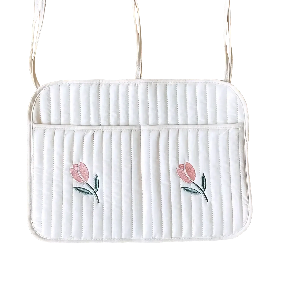 White quilted car seat cushion with pink tulip embroidery on each side for quilted stroller organizer bag with bear embroidery