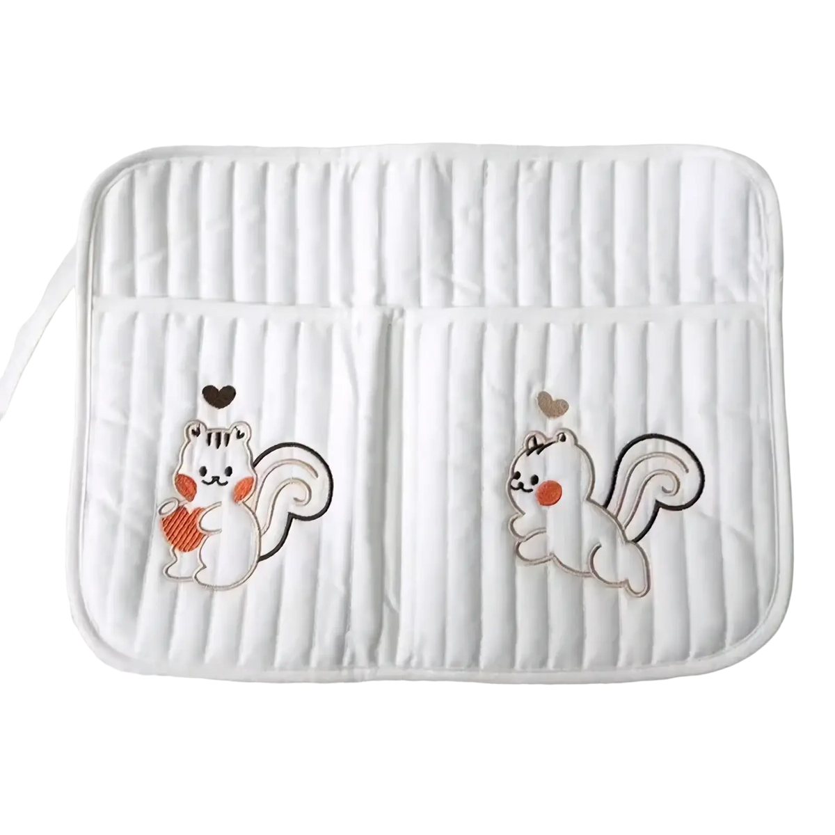 White quilted fabric stroller organizer bag with embroidered cartoon squirrels holding hearts on front pouch