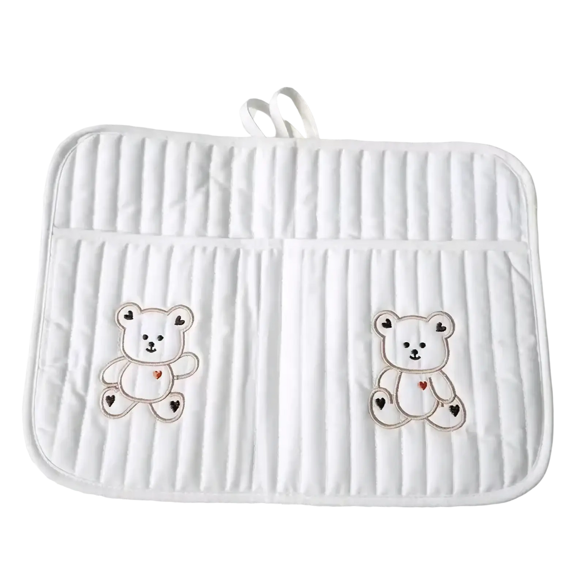 White quilted stroller organizer bag with embroidered teddy bears and heart details on a laptop sleeve front