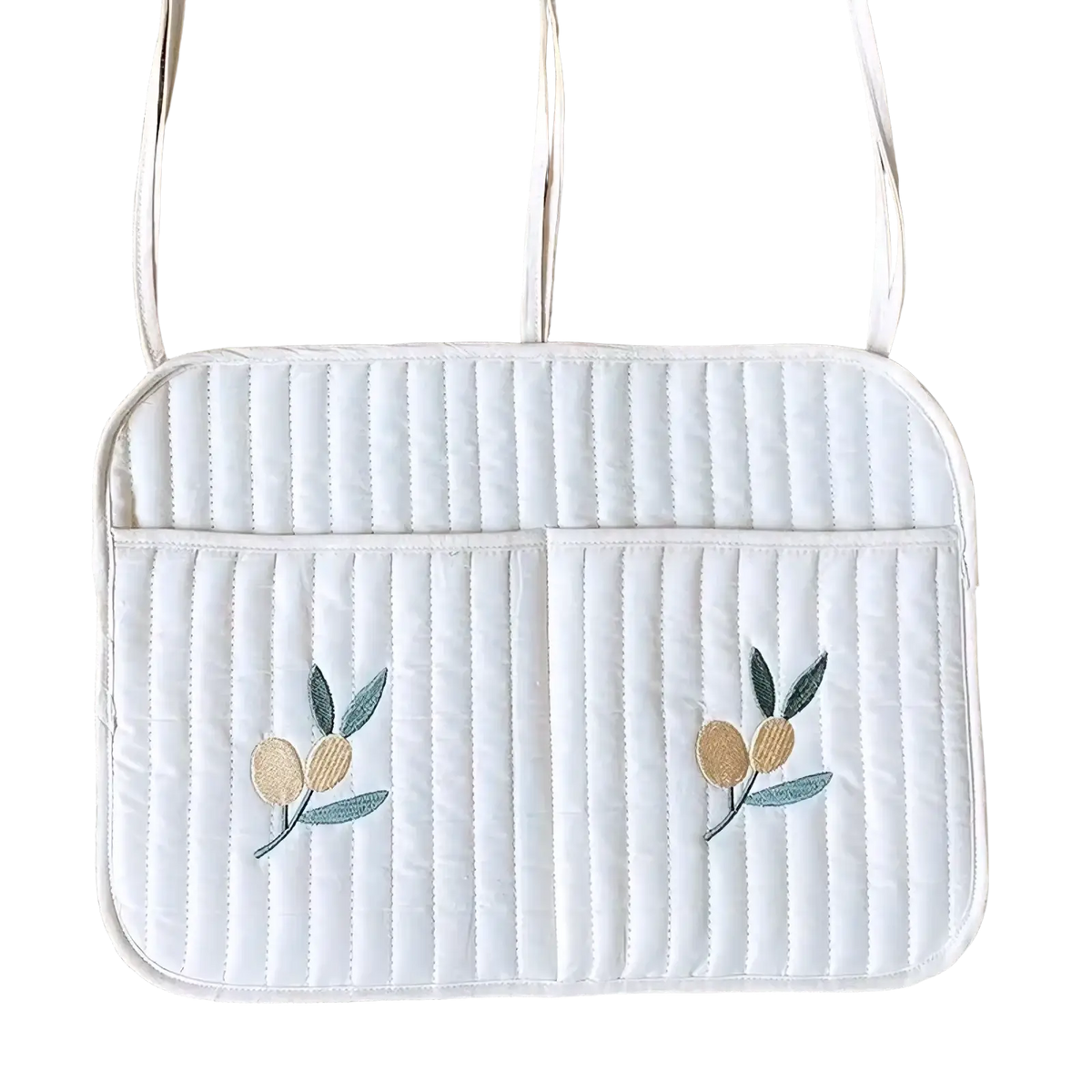 White quilted laptop sleeve with embroidered olive branch motifs and matching shoulder straps for stroller organizer bag