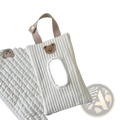 White quilted stroller tissue holder with beige bear appliqué and matching strap for wipes pouch use