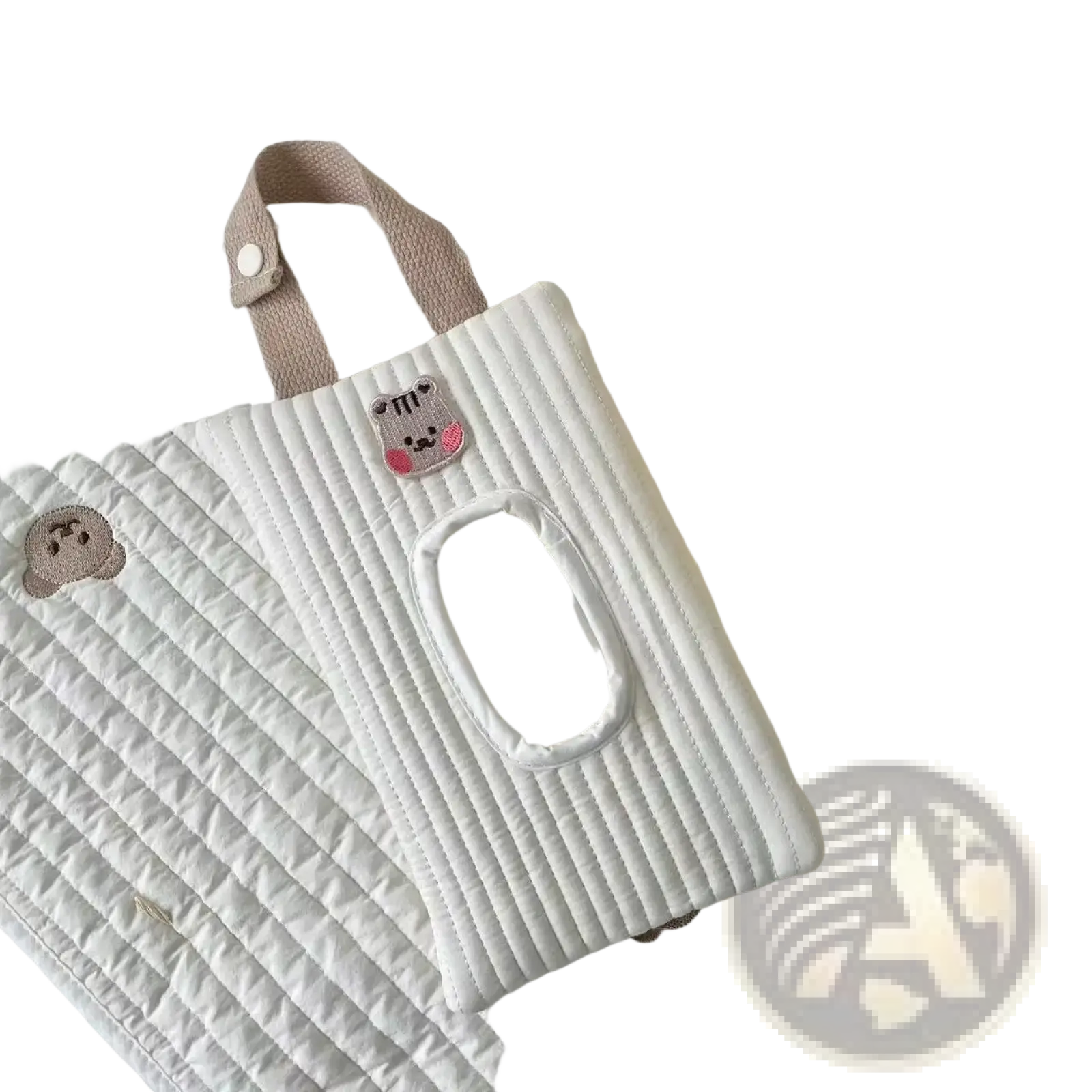 White quilted stroller tissue holder with embroidered tiger face and beige fabric strap for wipes pouch