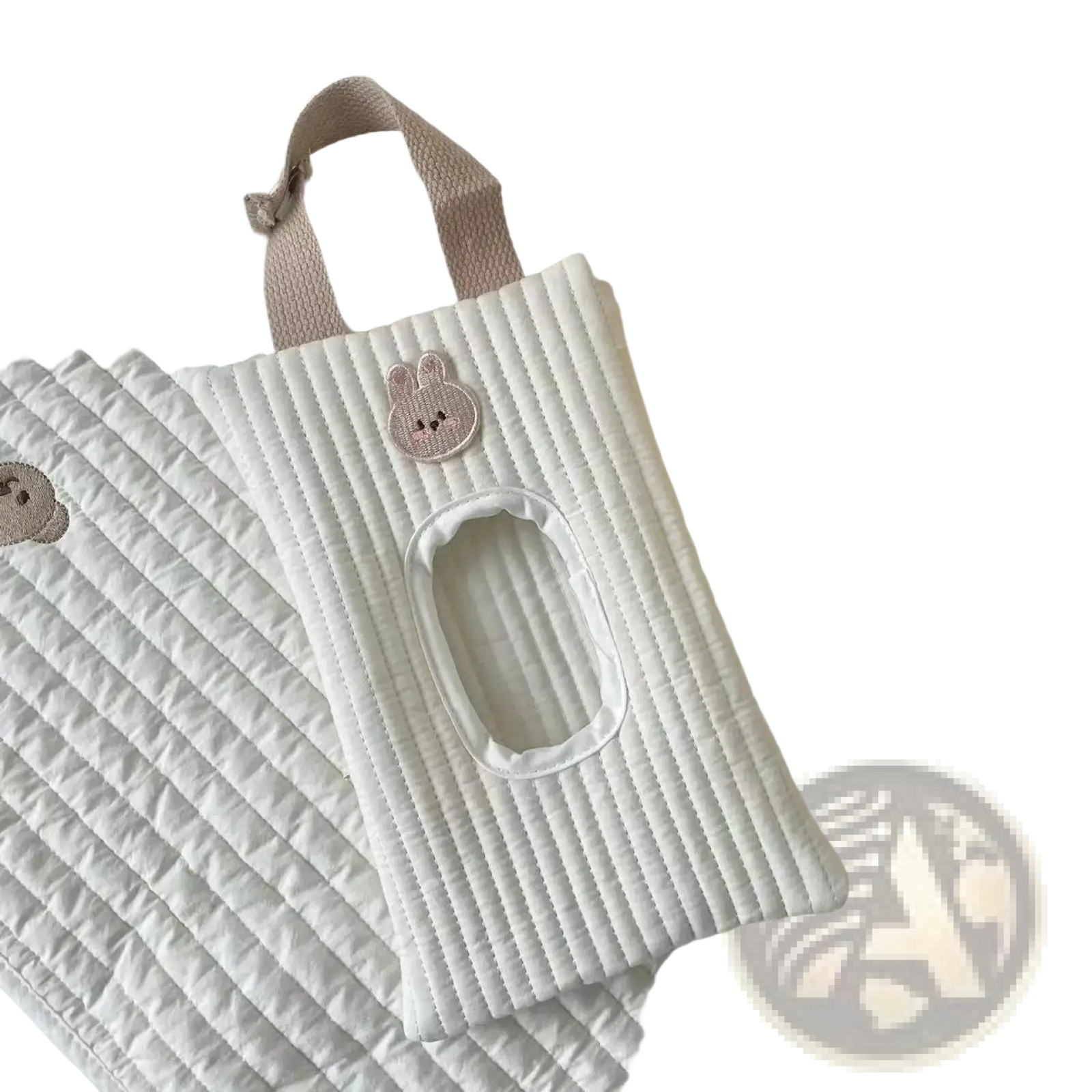 White quilted tissue holder with soft pink bunny appliqué and matching fabric strap for stroller use