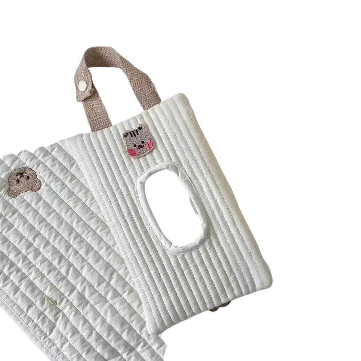 White quilted stroller tissue holder with embroidered tiger face and beige fabric strap for wipes pouch