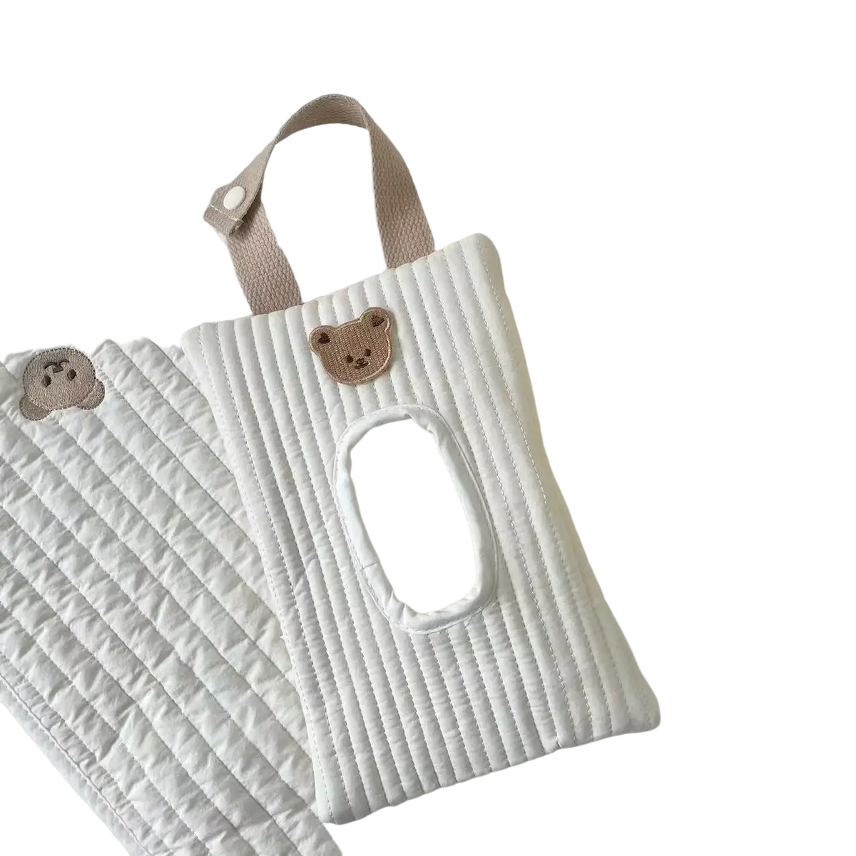 White quilted stroller tissue holder with beige bear appliqué and matching strap for wipes pouch use