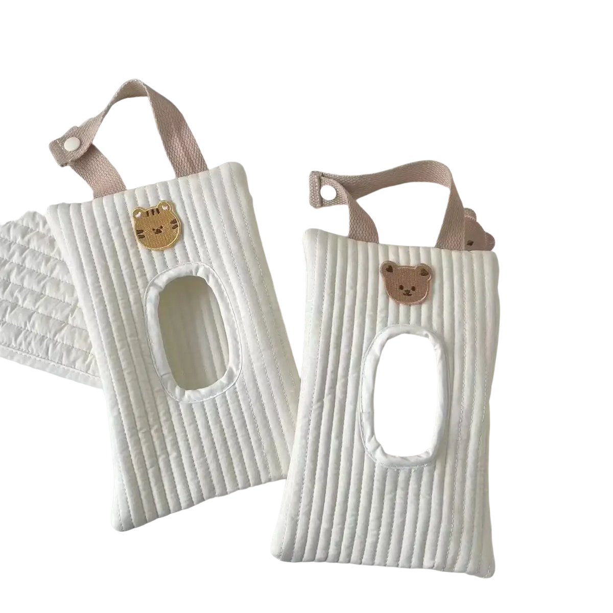 White quilted stroller tissue holder with beige fabric handle and cute embroidered bear face for wipes storage
