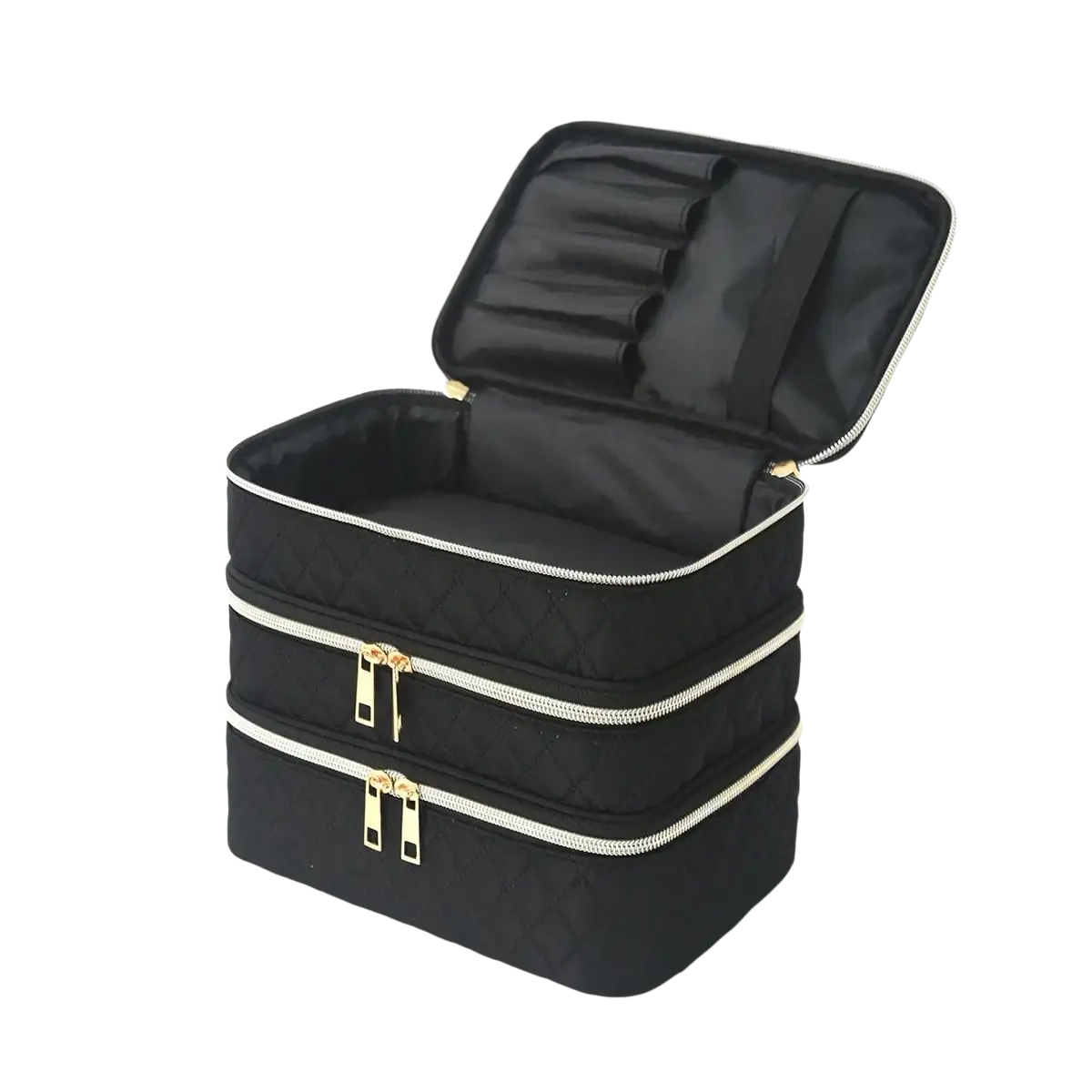 Black quilted three-tier travel makeup bag with gold-toned zippers and a structured interior organizer