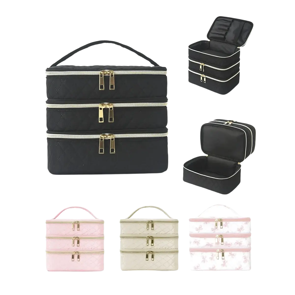 Black quilted three-tier makeup organizer with gold-toned zippers and handles for travel use