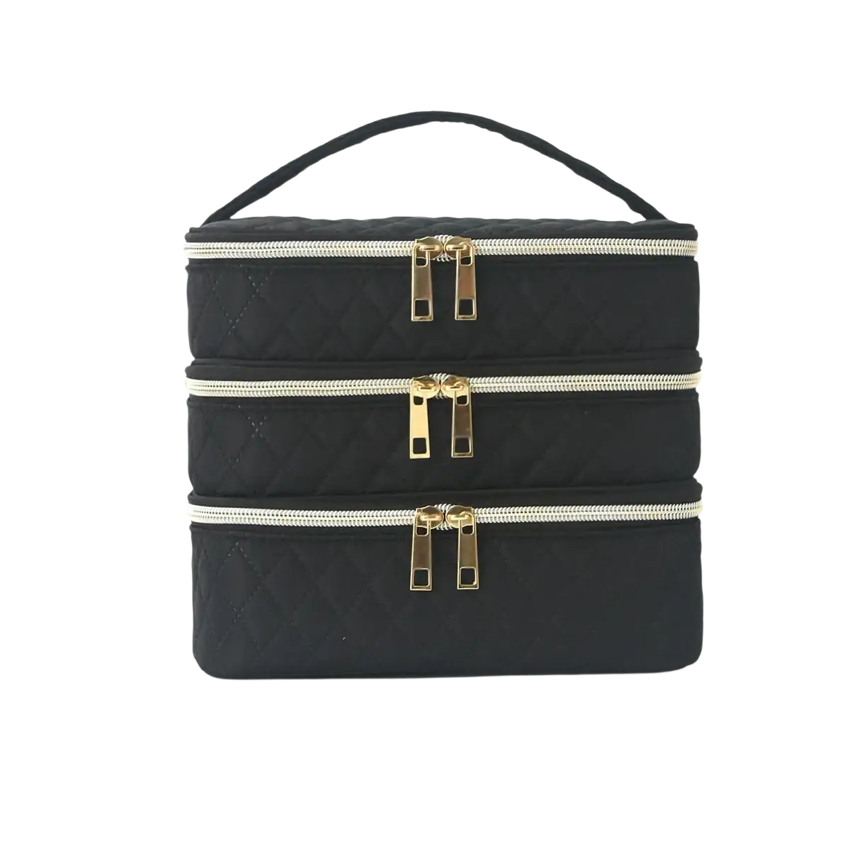 Black quilted three-compartment travel makeup bag with gold-tone zippers and top handle for organized storage