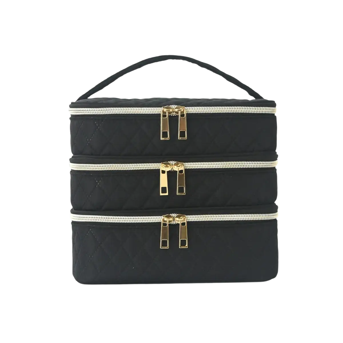 Black quilted three-tier travel makeup bag with gold-tone zippers and top handle for organized storage