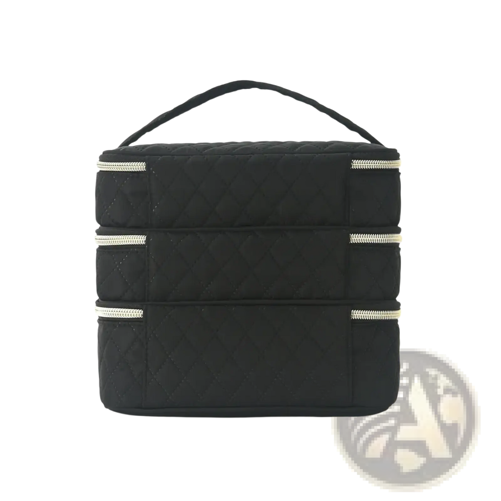 Black quilted three-compartment travel makeup organizer with silver zippers and top handle for easy carrying