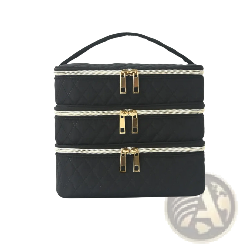 Black quilted three-compartment travel makeup bag with gold-tone zippers and top handle for organized storage
