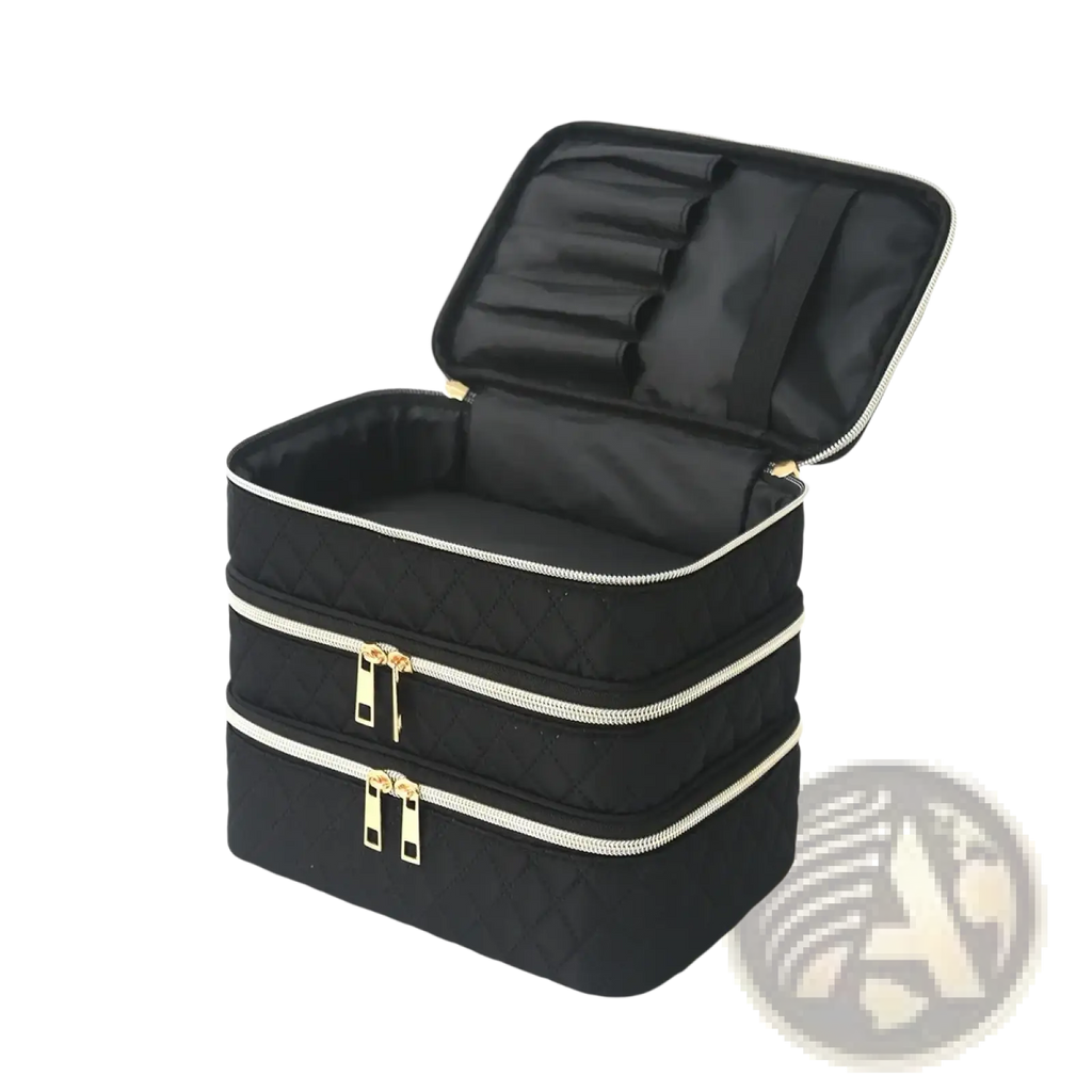 Black quilted three-tier travel makeup bag with gold-toned zippers and a structured interior organizer