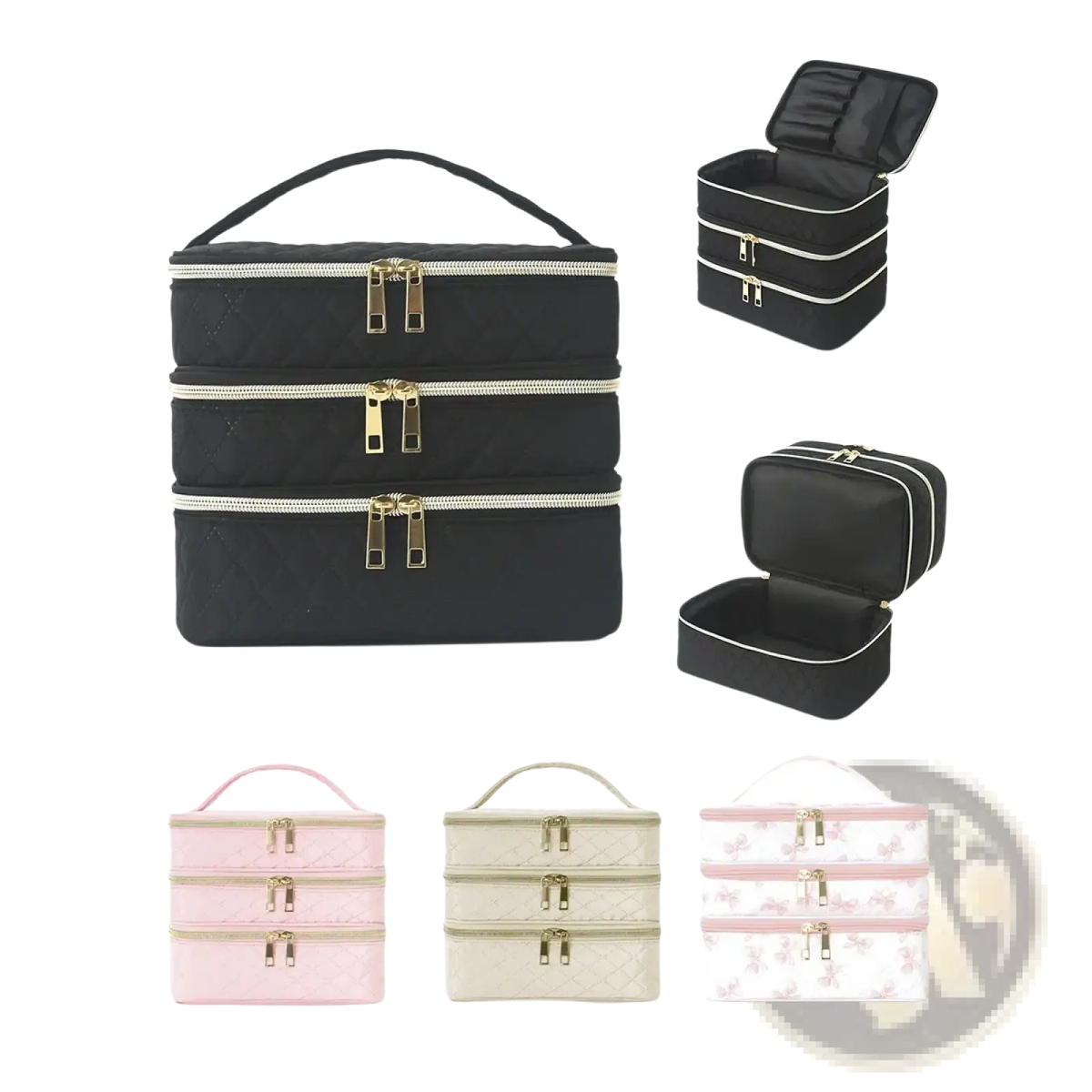Black quilted three-tier makeup organizer with gold-toned zippers and handles for travel use