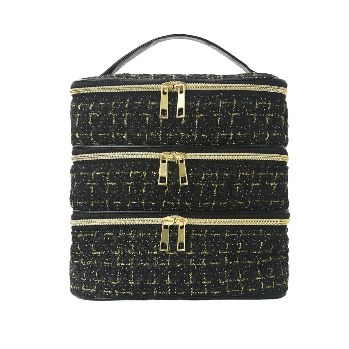 Black tweed three-compartment travel makeup organizer with gold-toned zippers and matching handle in a quilted design