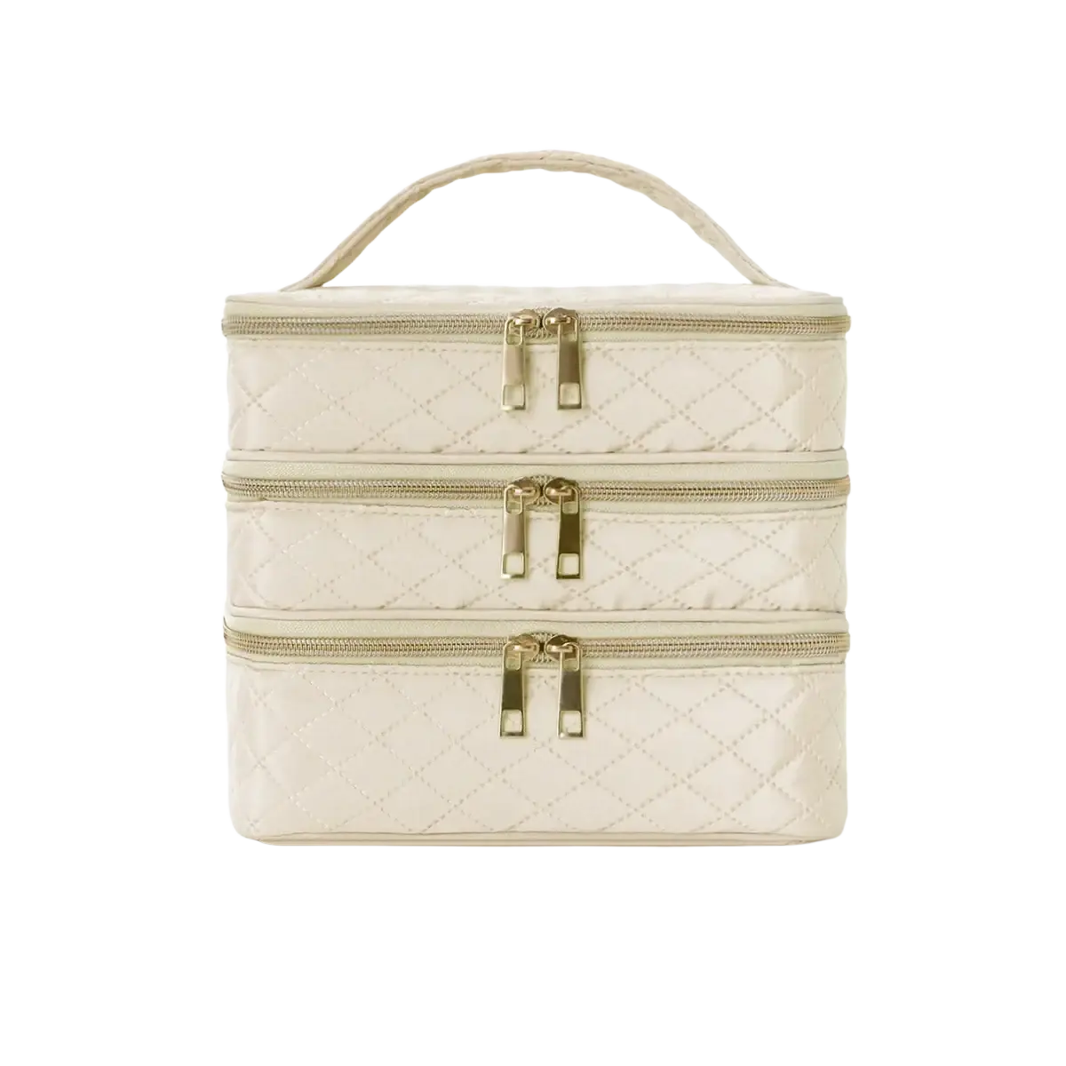 Cream-colored quilted three-tier travel makeup bag with gold-toned zippers and matching top handle for organization