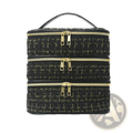 Black tweed three-compartment travel makeup organizer with gold-toned zippers and matching handle in a quilted design
