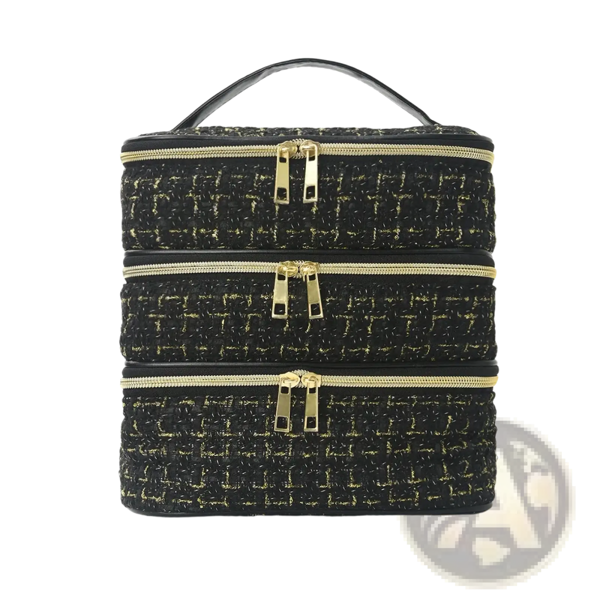 Black tweed three-compartment travel makeup organizer with gold-toned zippers and matching handle in a quilted design