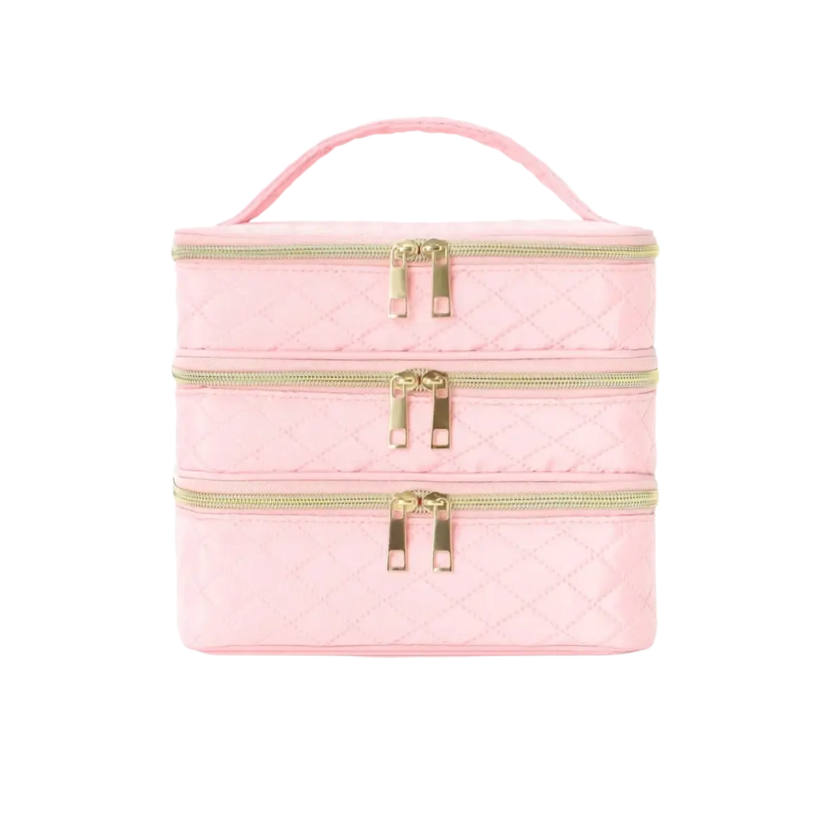 Pink quilted three-tier travel makeup bag with three compartments and gold-toned zippers for organized storage