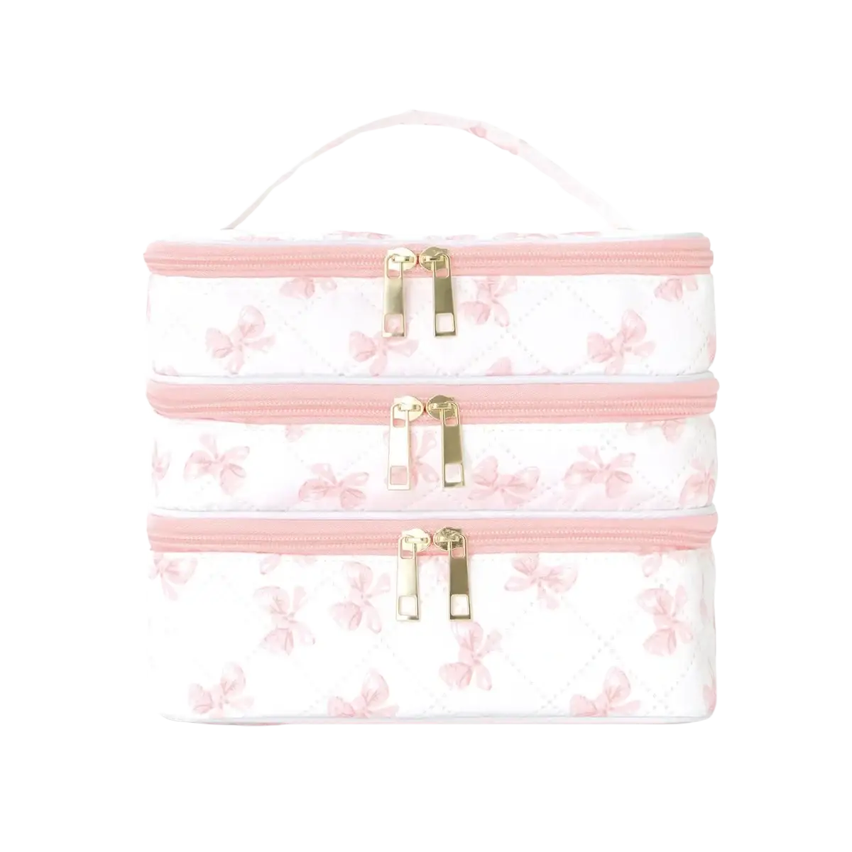 Quilted three-tier travel makeup bag in white with pink bow patterns and gold-tone zipper pulls