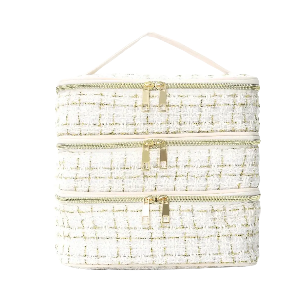 White textured tweed quilted three-tier travel makeup bag with gold-toned zippers and matching handle