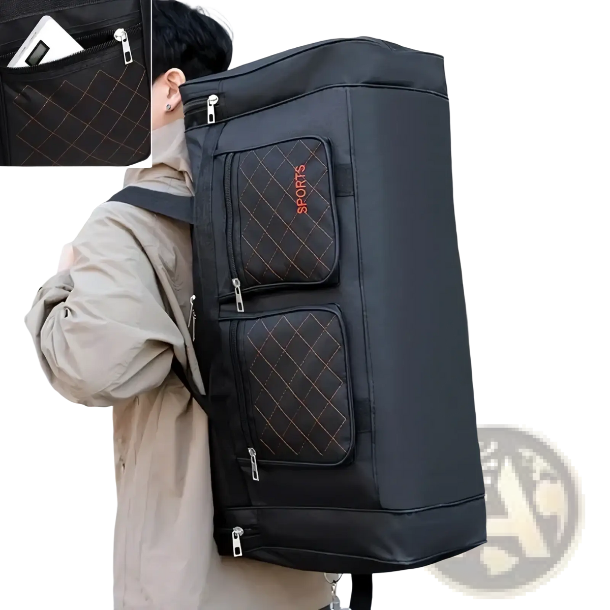 Black quilted travel duffel bag with silver zippers large capacity sports gym luggage for travel use