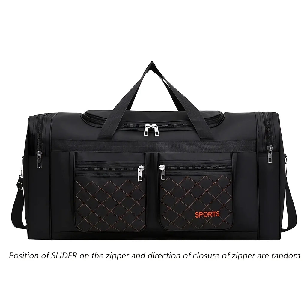 Black quilted travel duffel bag with large capacity and silver zippers for sports gym and luggage use